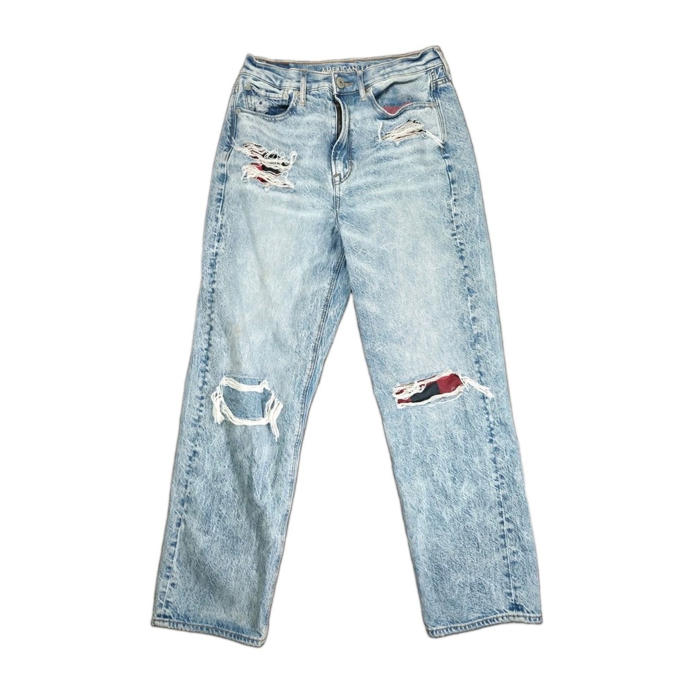 American Eagle High Rise 90s Boyfriend Distressed Plaid Patch Acid Wash Jean 6R